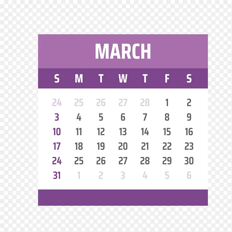 紫白色2019年3月日历