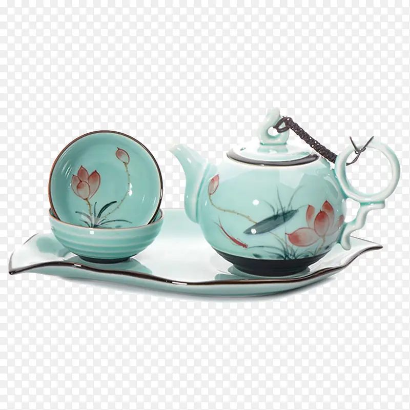 青瓷手绘陶瓷茶壶