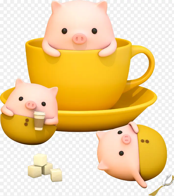c4d卡通坐在茶杯的猪猪装饰