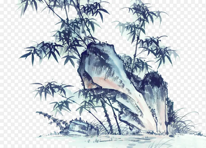 奇石山竹水墨画