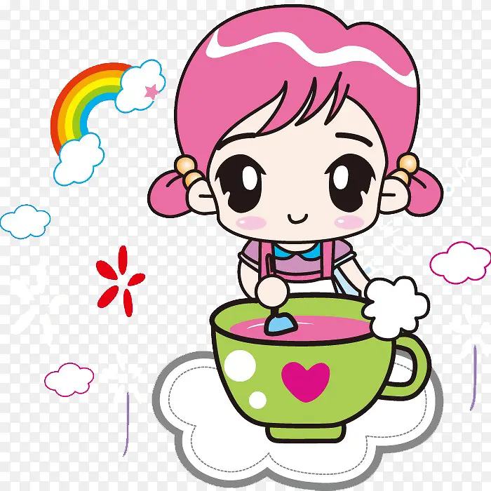 卡通插画吃饭可爱女娃娃