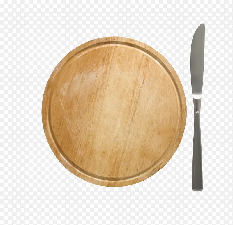 棕色木质纹理木圆盘和刀叉实物