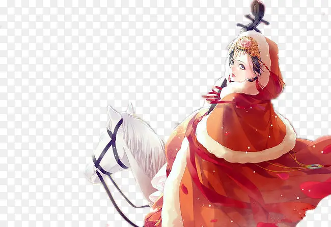 骑马抱琵琶的红衣美女古风手绘