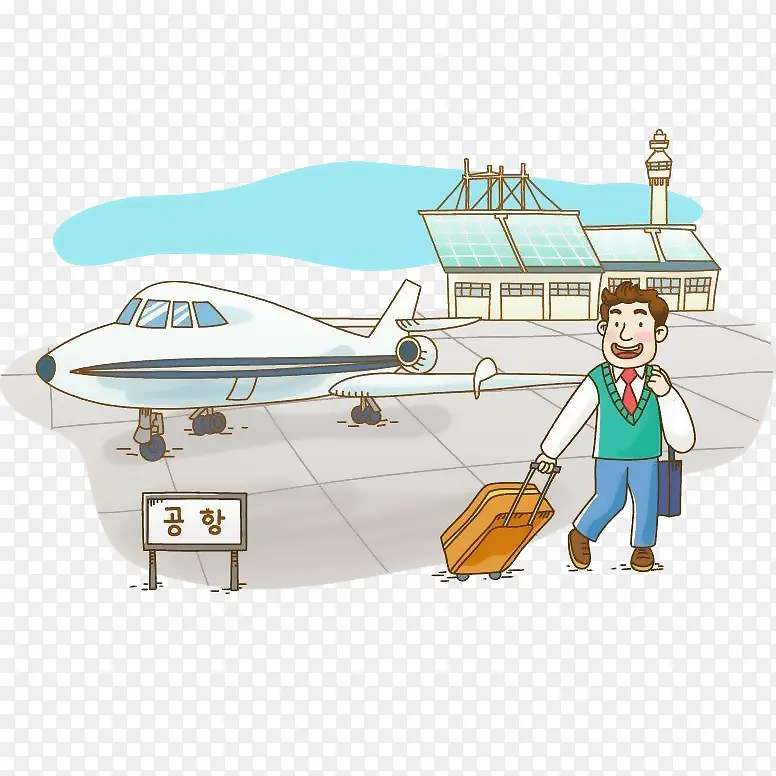 卡通插画男人拖着行李在机场