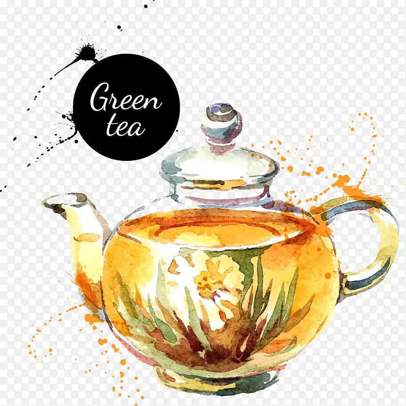 水彩绿茶茶壶