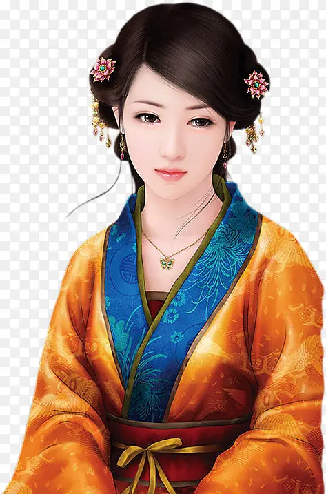 橙色服饰戴项链头饰古典美女