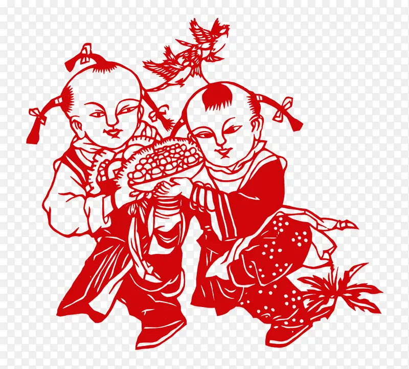 中国风红色小孩剪纸