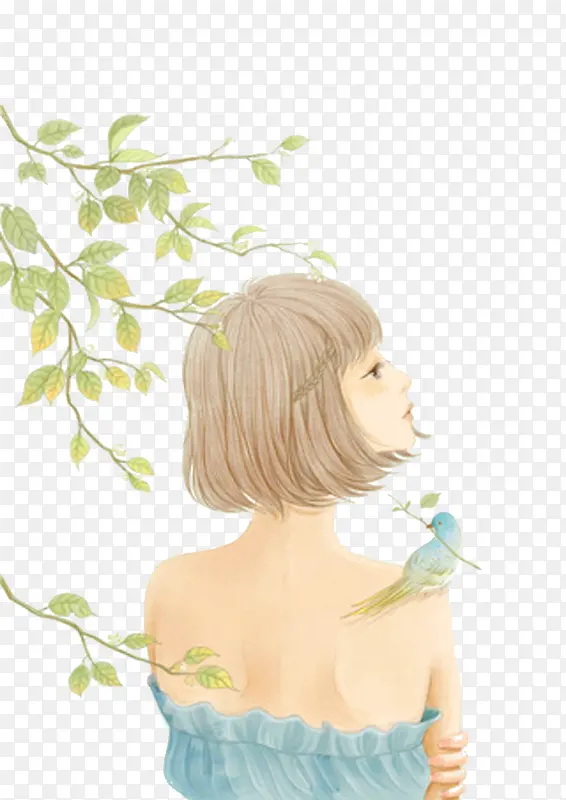 手绘小清新少女背影