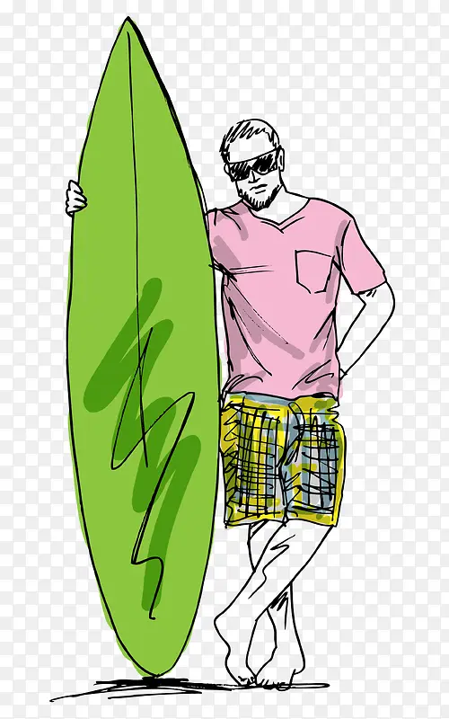 冲浪板与男士个性手绘矢量插画