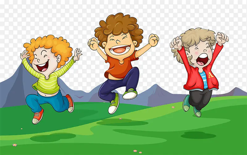 卡通人物插图草地上跳起的孩子们