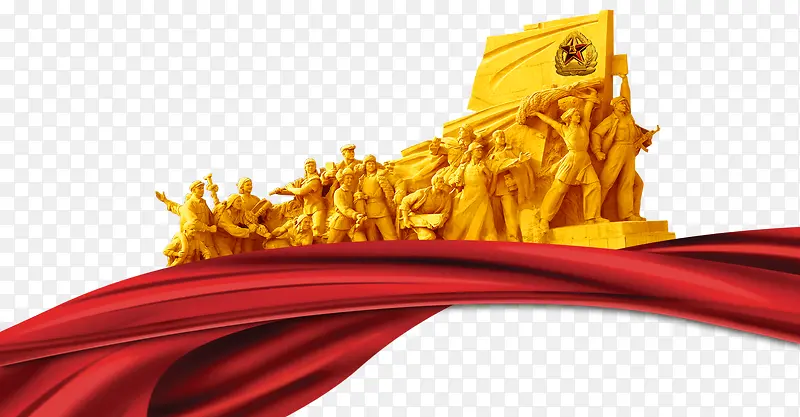 红色绸带上金色革命红军雕像背景
