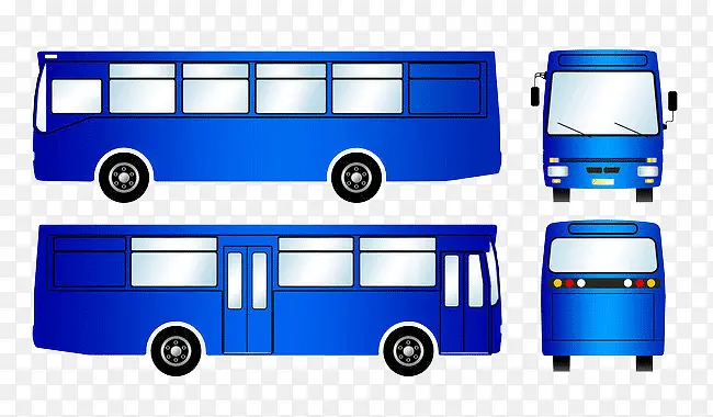 蓝色的长长的公共汽车的三视图