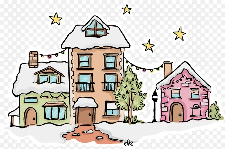 矢量圣诞节下雪的挂彩旗的房屋