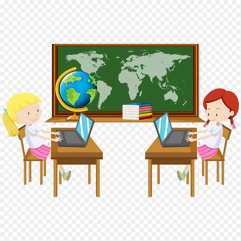 矢量女孩在电脑教室上课