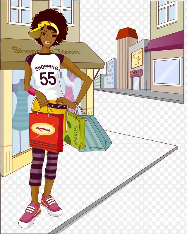购物的黑人女孩人物插画