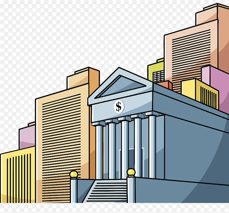 手绘卡通彩色城市中的银行背景