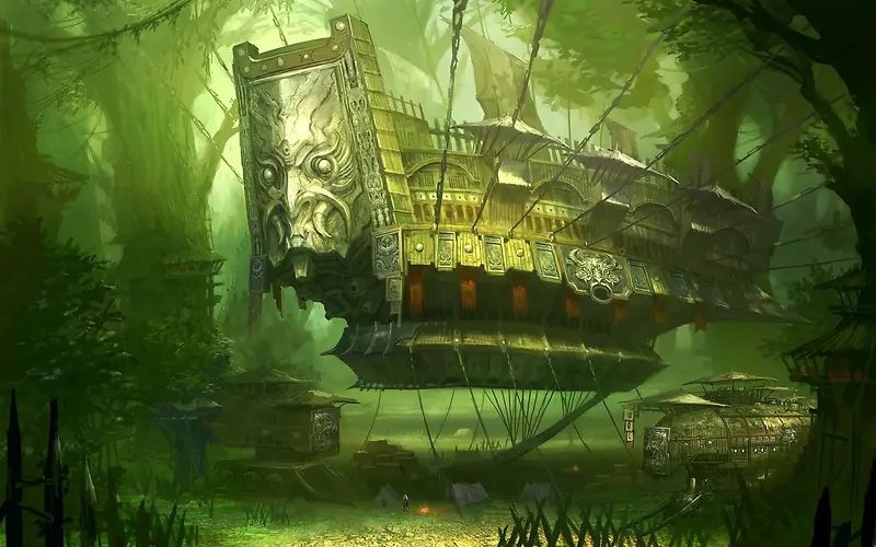 游戏场景创意元素船绿色环境渲染