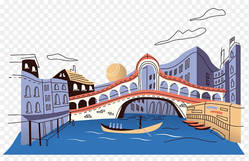 卡通手绘的桥边风景