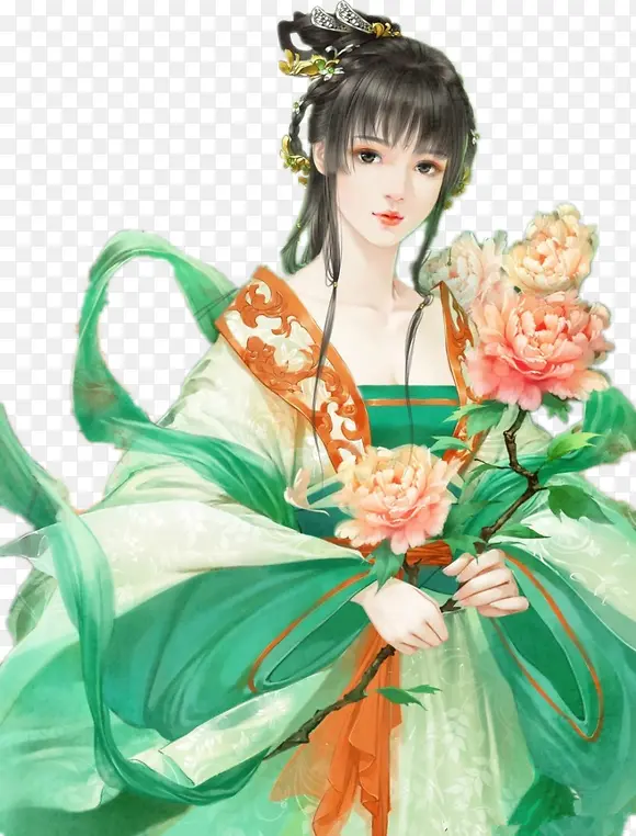 抱牡丹的少女古风手绘