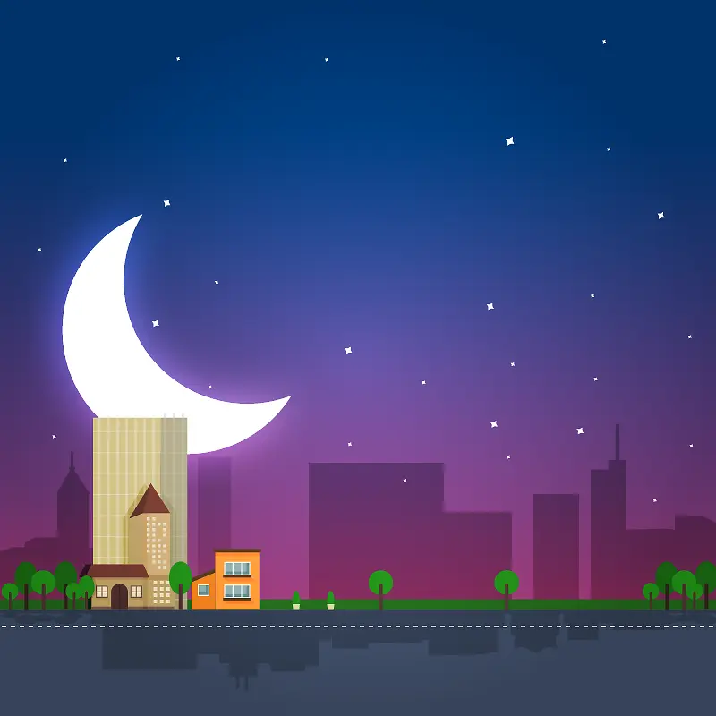 紫色建筑月亮夜景