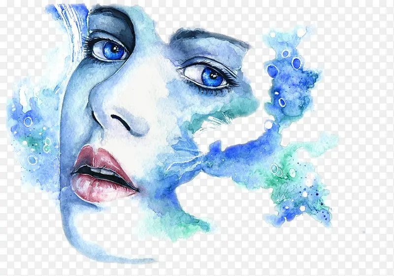 蓝色手绘女人头像素材