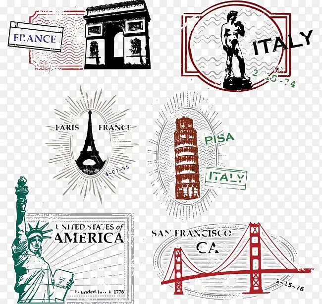 彩色卡通美国元素邮票图形