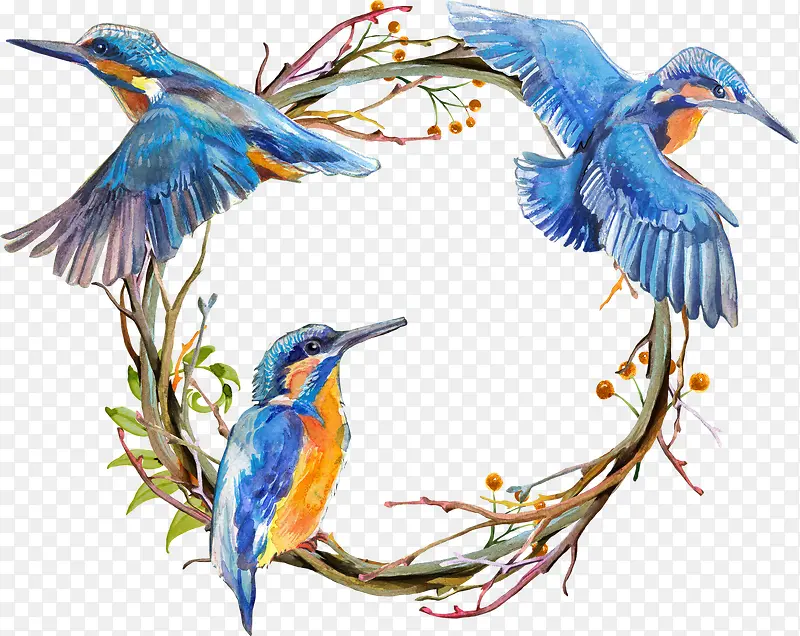 水彩蓝色小鸟和花环