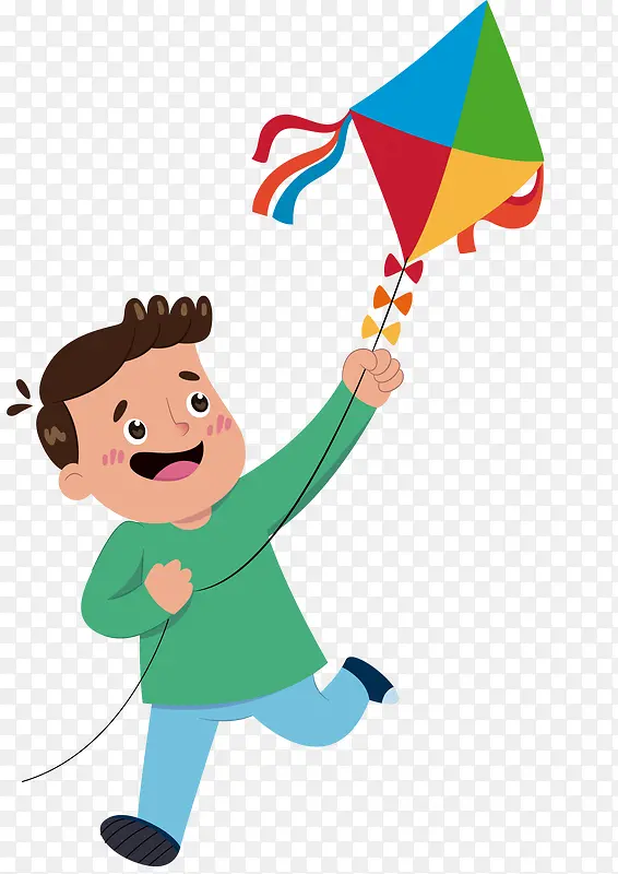 卡通小男孩春季放风筝玩耍矢量图
