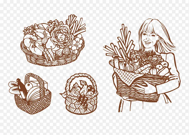 手绘线描蔬菜篮子