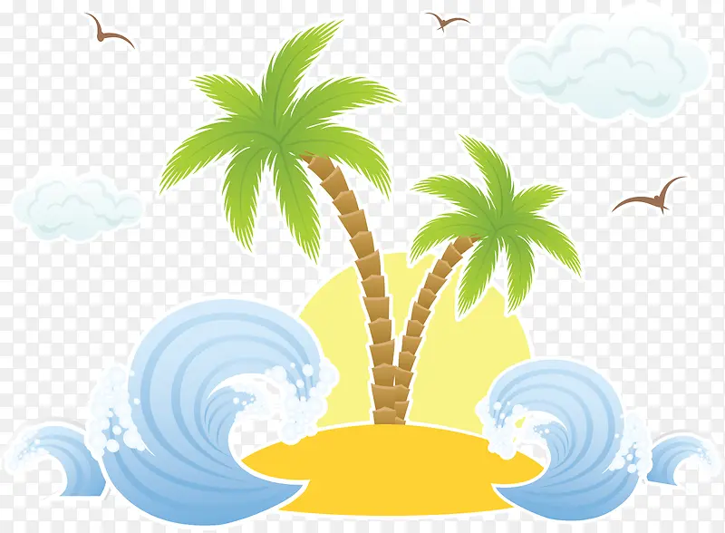 卡通绘画海浪和椰树