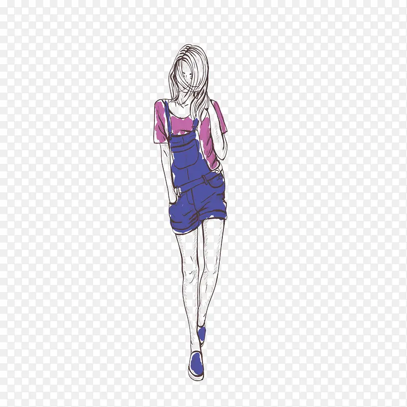 矢量卡通牛仔背带裤美女人物