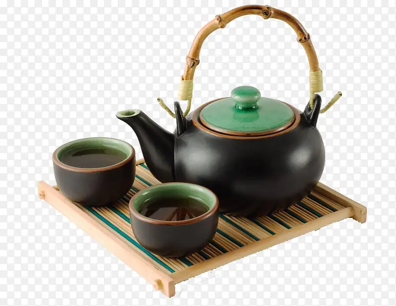 两个茶杯一个茶壶黑色带竹盘