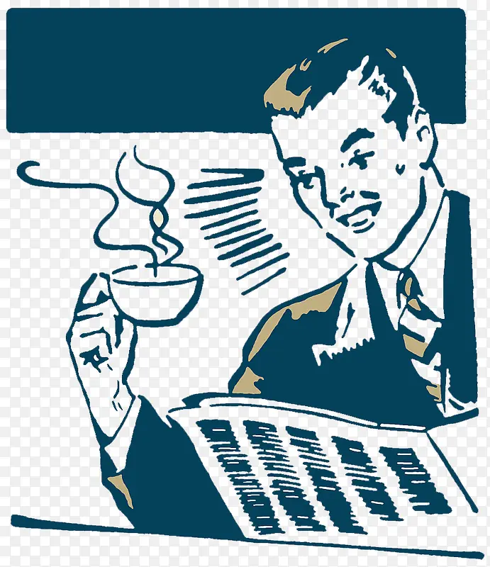 复古插图喝咖啡看报纸的商务人士