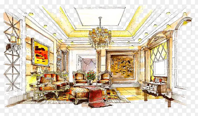 豪华客厅手绘效果图室内设计场景插画PNG图片素材下载_图片编号yezmznkx-免抠素材网