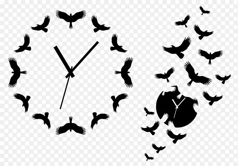 钟表和鸟群剪影