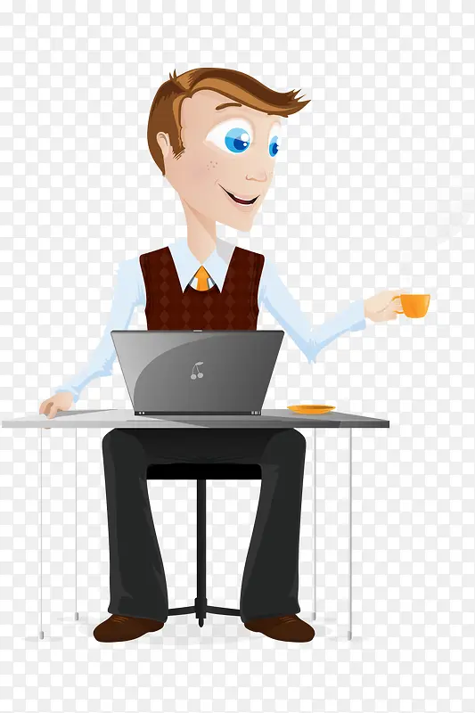 卡通手绘工作喝茶笔记本电脑男人