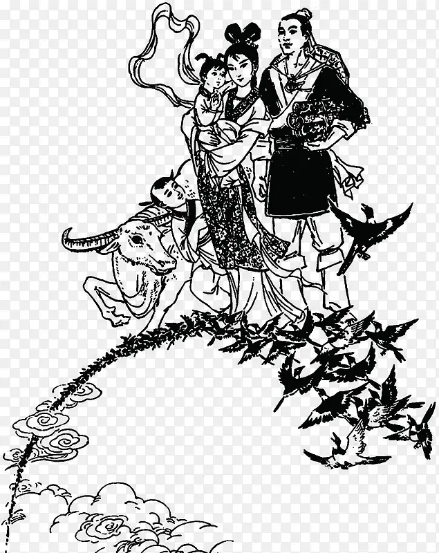 牛郎织女水墨画七夕PNG图片素材下载_图片编号qrmvvbno-免抠素材网