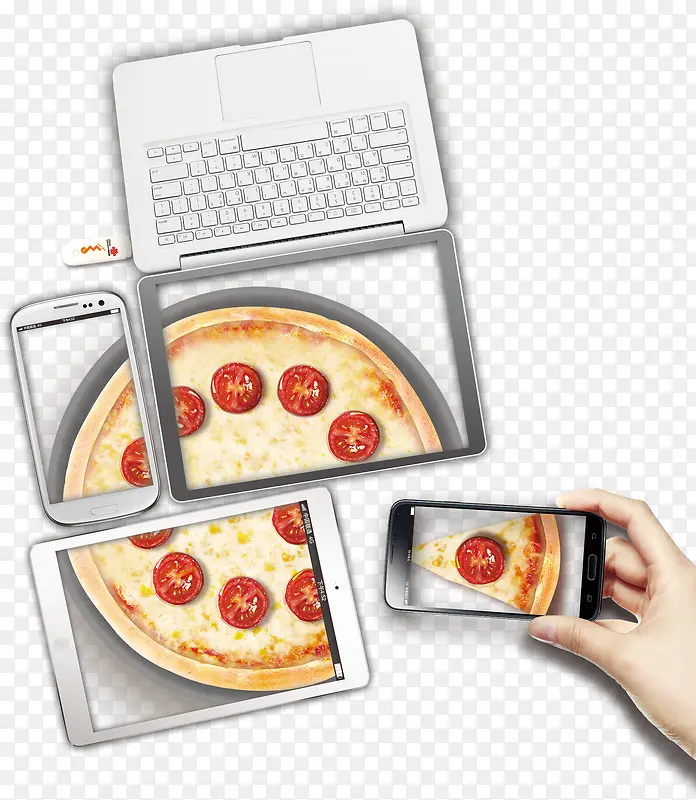 手机笔记本平板披萨创意画面