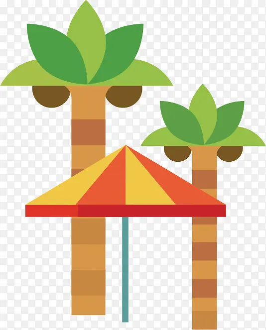 矢量扁平椰子树和太阳伞