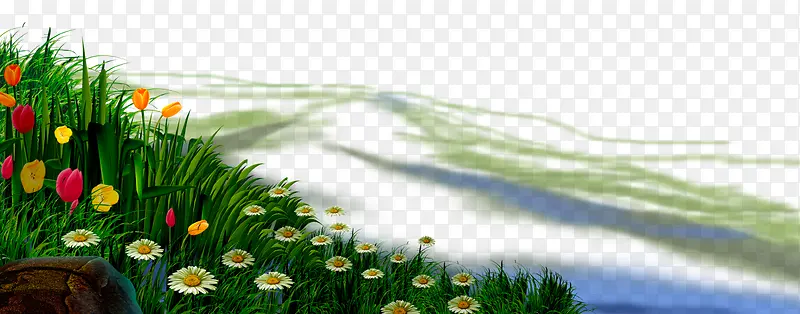 卡通水塘边的青草鲜花风景