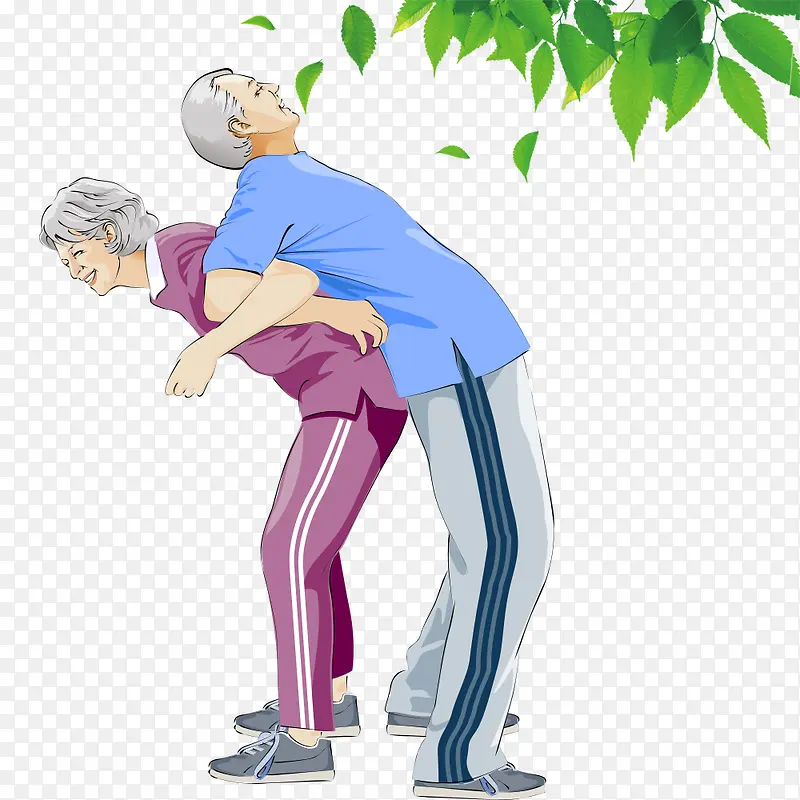 卡通相互靠背健身的老年人