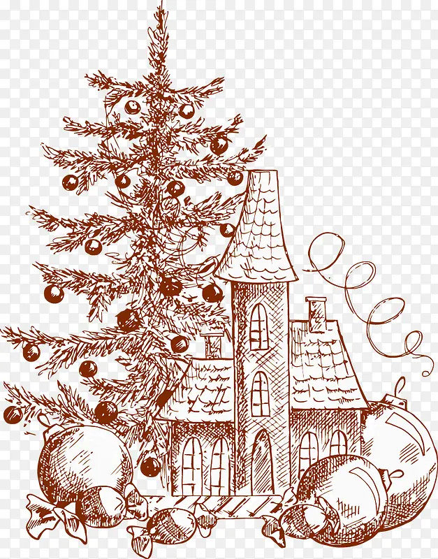 手绘素材城堡圣诞树