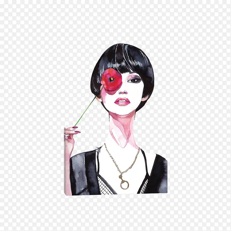 卡通拿花的美女