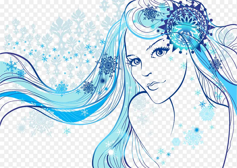 蓝色手绘装饰插图美女头发曲线