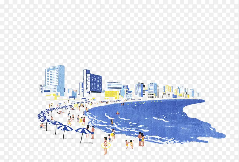 海滨城市手绘水彩画
