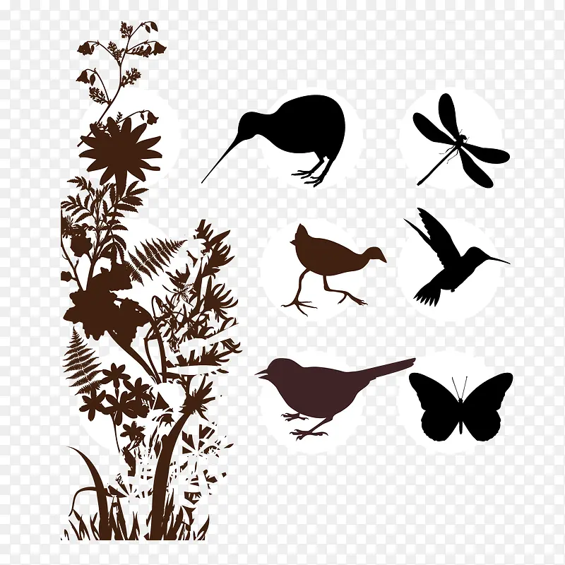 矢量鸟和植物轮廓