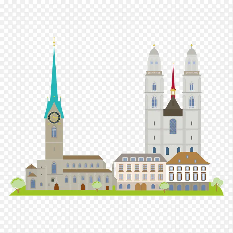 瑞士建筑旅游景点插画