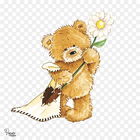 手绘拿着毯子和鲜花的小熊