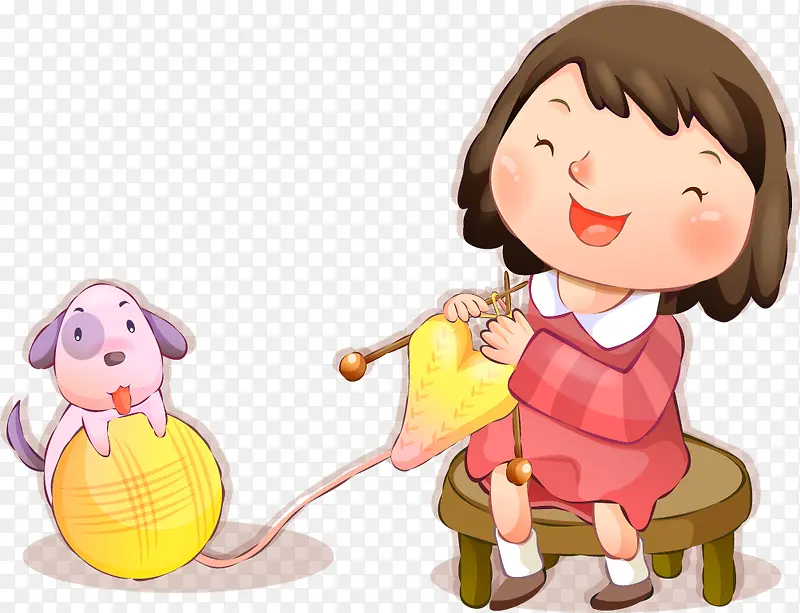 可爱人物插图织毛衣的女孩与小狗