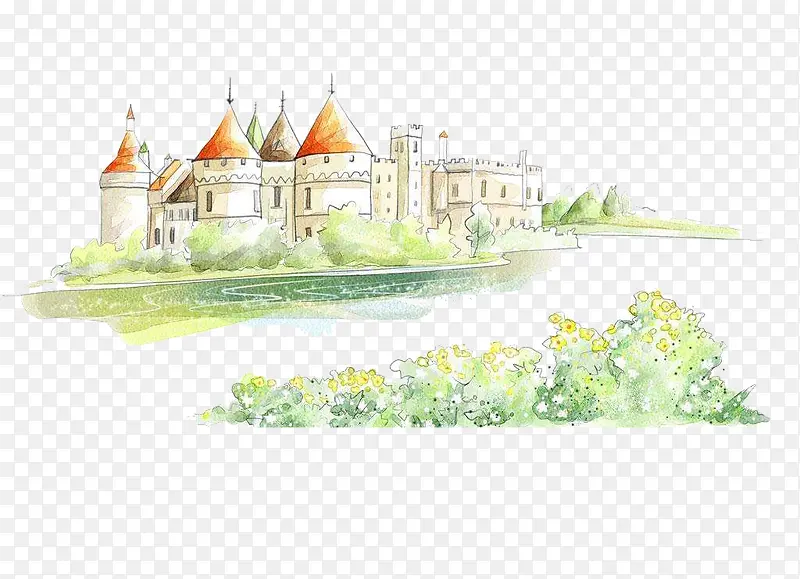 手绘欧式城堡庄园风景